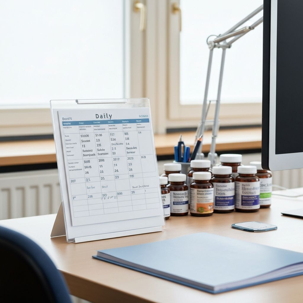 Bürotisch mit Stundenplan und Nahrungsergänzungsmitteln