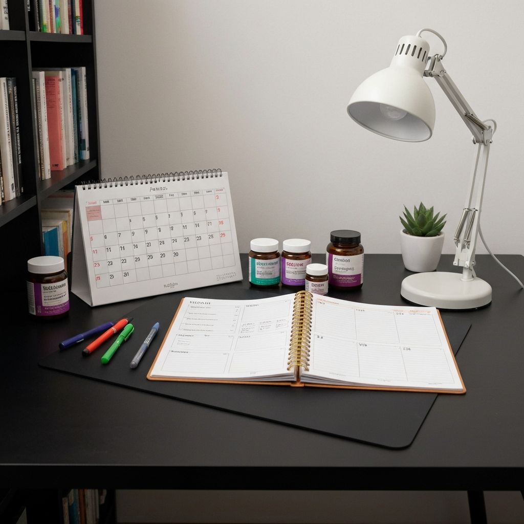 Terminkalender und Nahrungsergänzungsgläser auf Schreibtisch