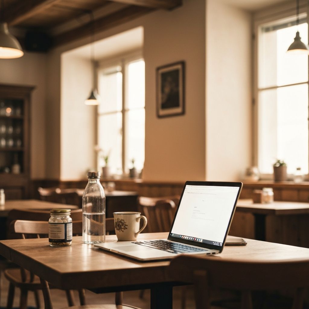 Gemütlicher Café-Arbeitsplatz mit Laptop und Nahrungsergänzungsmittel